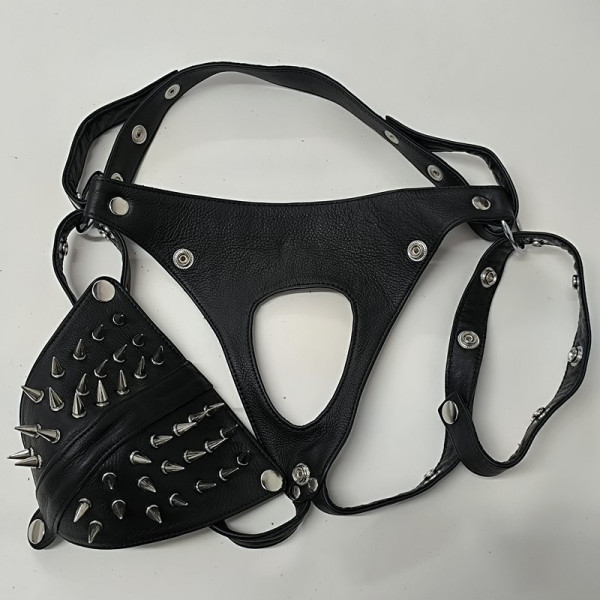 Leather Jockstrap Black with metal spikes 32" - 36"